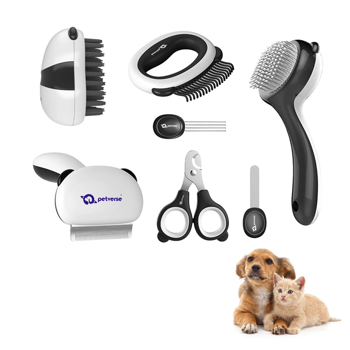 7‑in‑1 pet grooming tool set including brushes, comb, nail clippers, and file with a puppy and kitten on white background