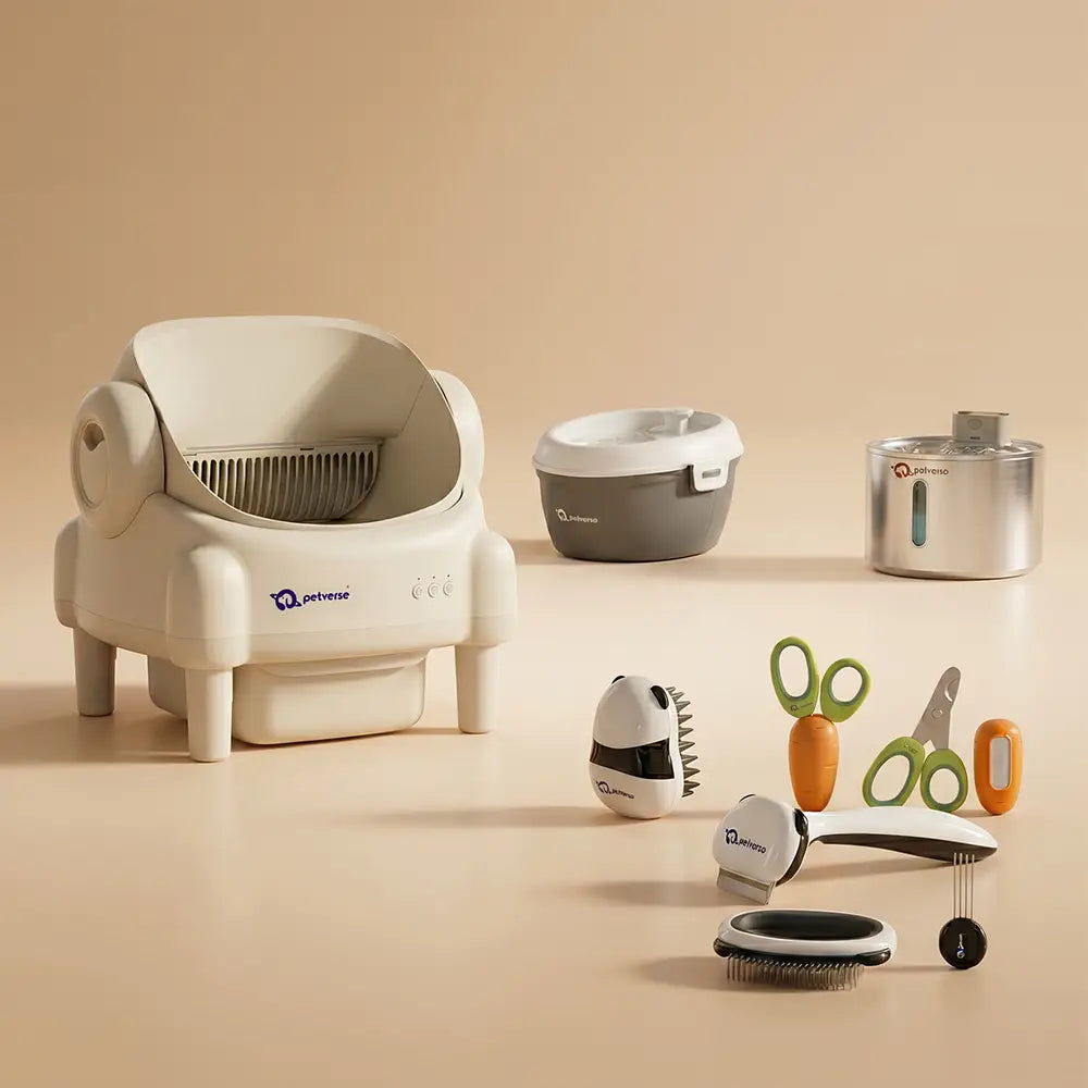 Petverse Best Selling Collections. Cat litter box, Automatic water Fountain, Grooming kit, Automatic Pet Feeder