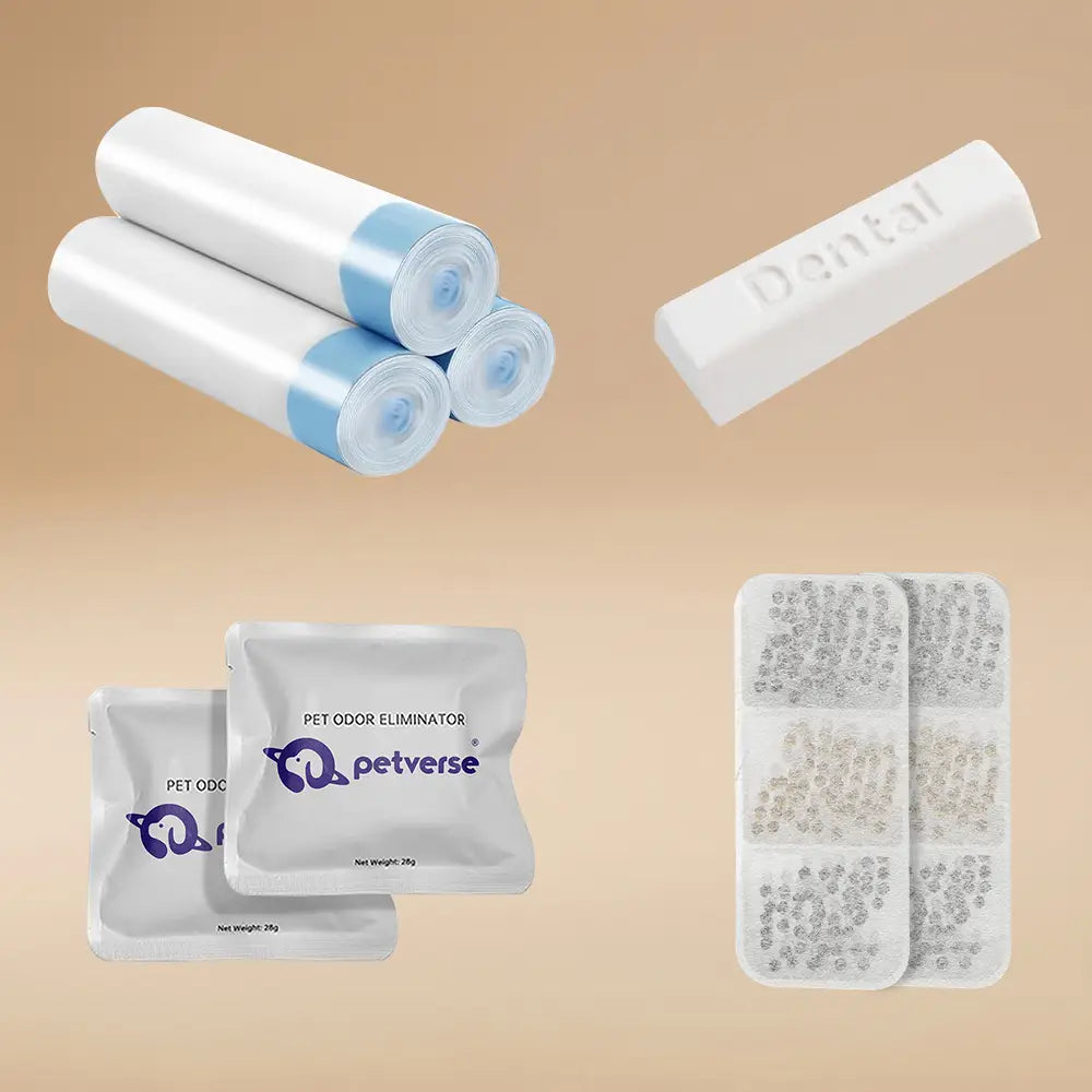 Petverse Accessories: Automatic Cat Litter Box Garbage Bags, Odor Eliminators, Water Fountain Filters, and Oral Dental Sticks.