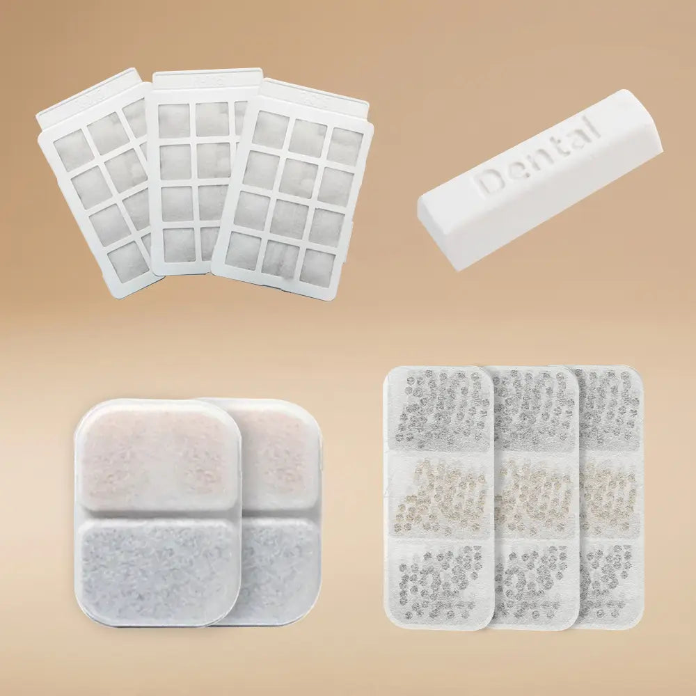 Petverse Water Fountain Collection: 4L Water Fountain Filters, 2L Water Fountain Filters, Oral Water Fountain Filters, and Oral Water Fountain Dental Sticks.