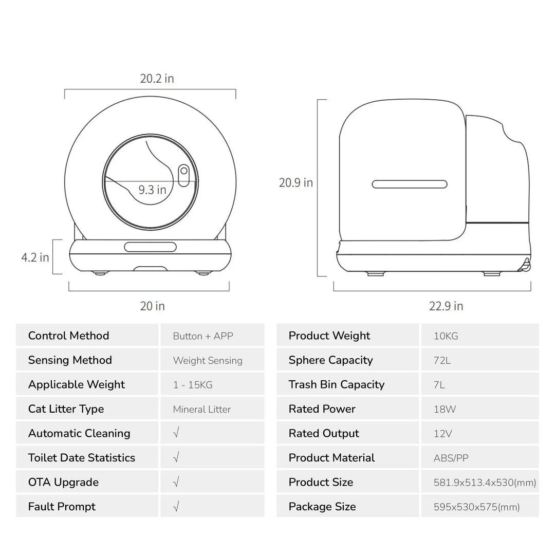 Technical diagram showing dimensions and specifications of an automatic cat litter box.