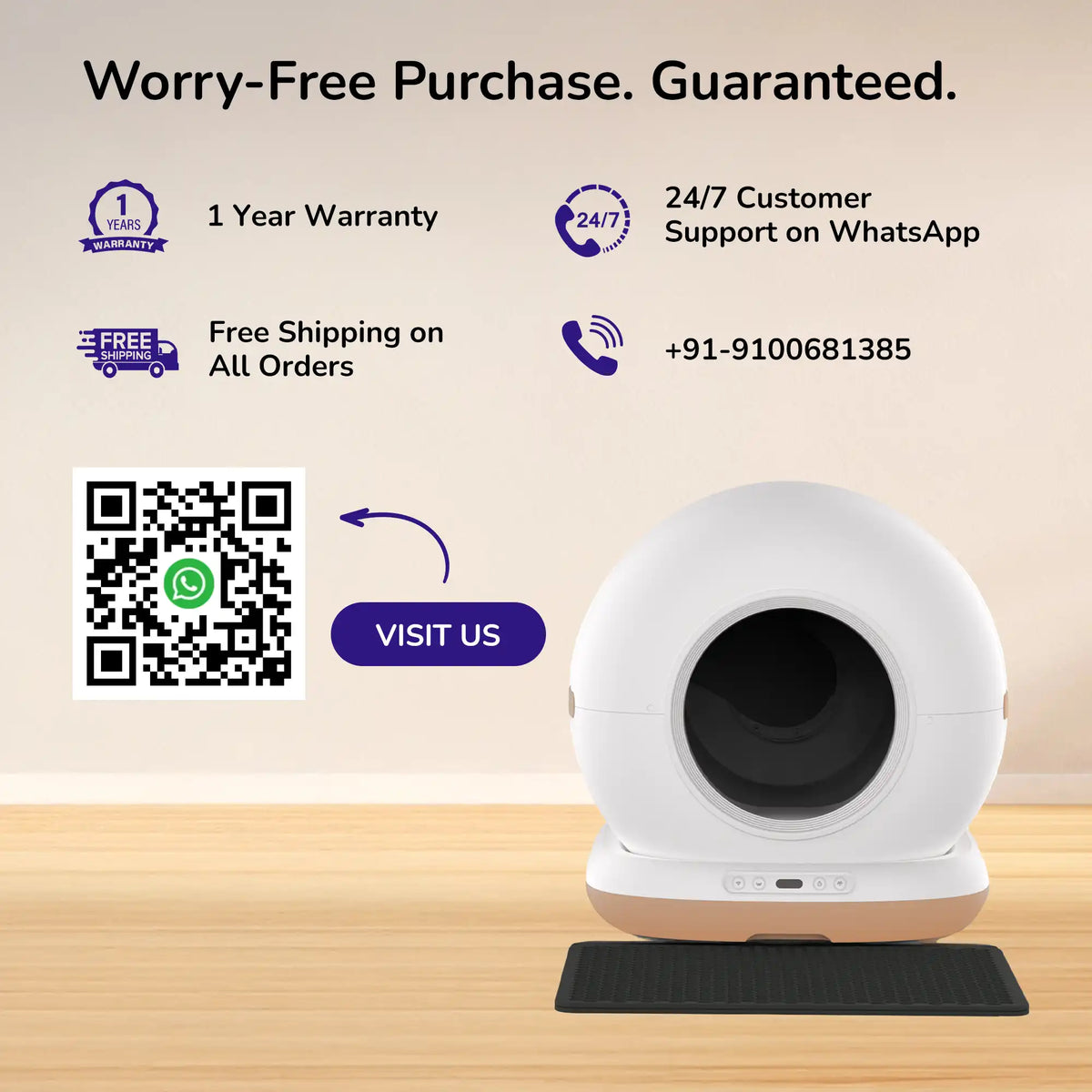 Automatic cat litter box with QR code, warranty, free shipping text, and WhatsApp support info.