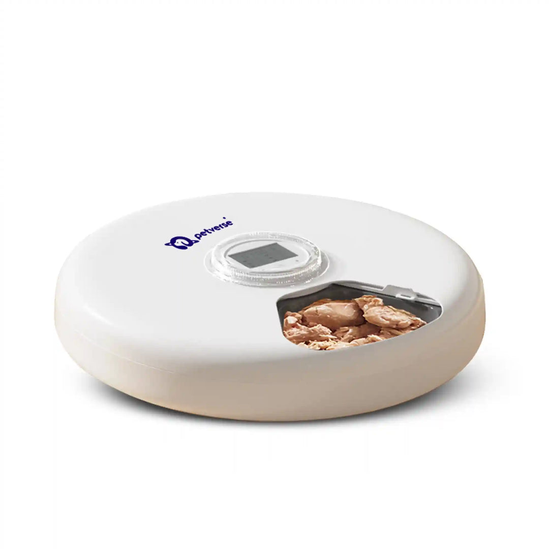 Top view of a 6 Meals Smart Pet Feeder with food visible inside and a digital control display.