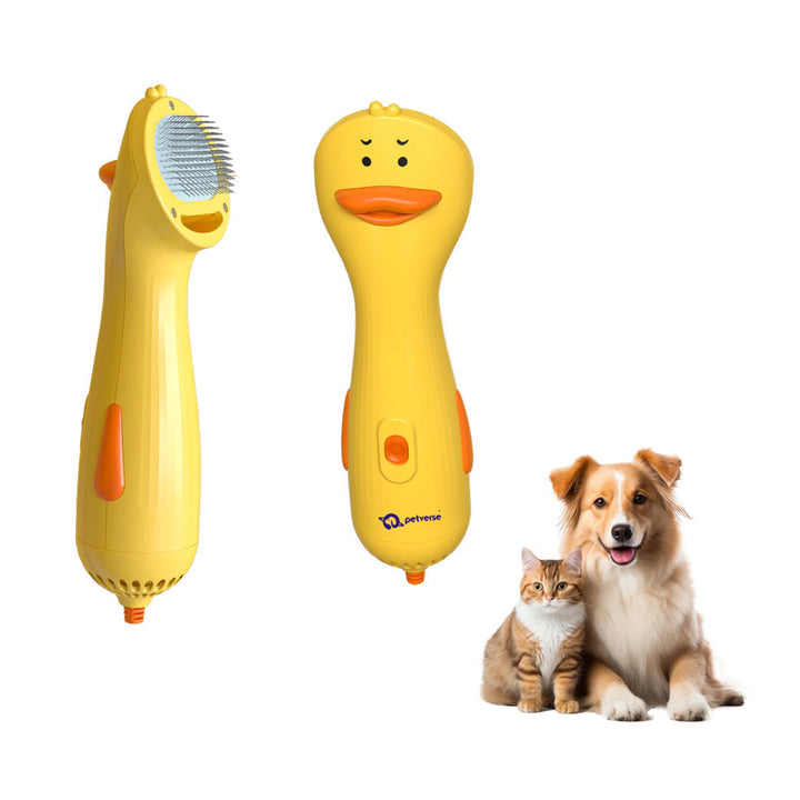 Yellow duck‑shaped 2‑in‑1 pet hair brush and dryer with dog and cat