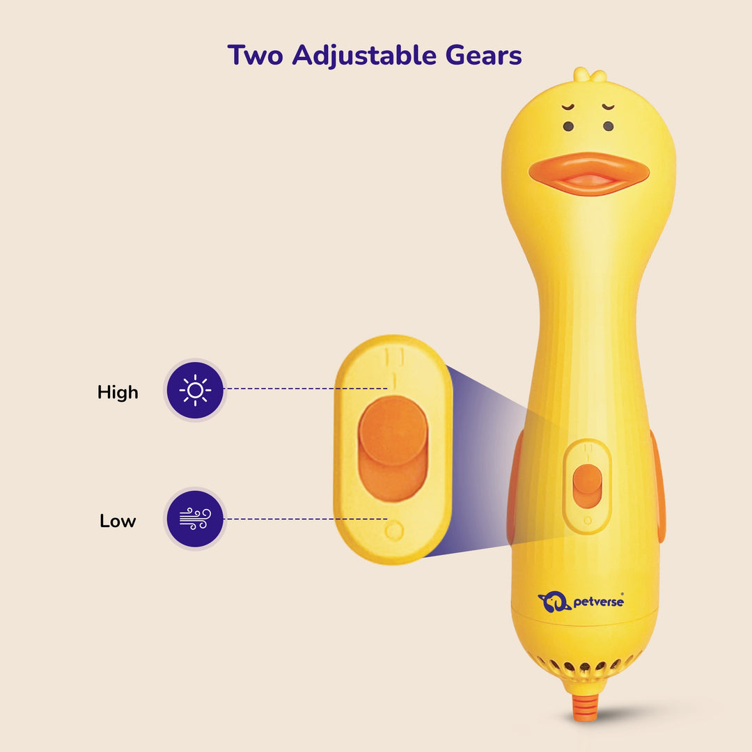 A yellow pet brush dryer showing two adjustable gear settings