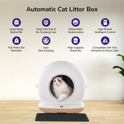Automatic cat litter box with a cat inside and icons