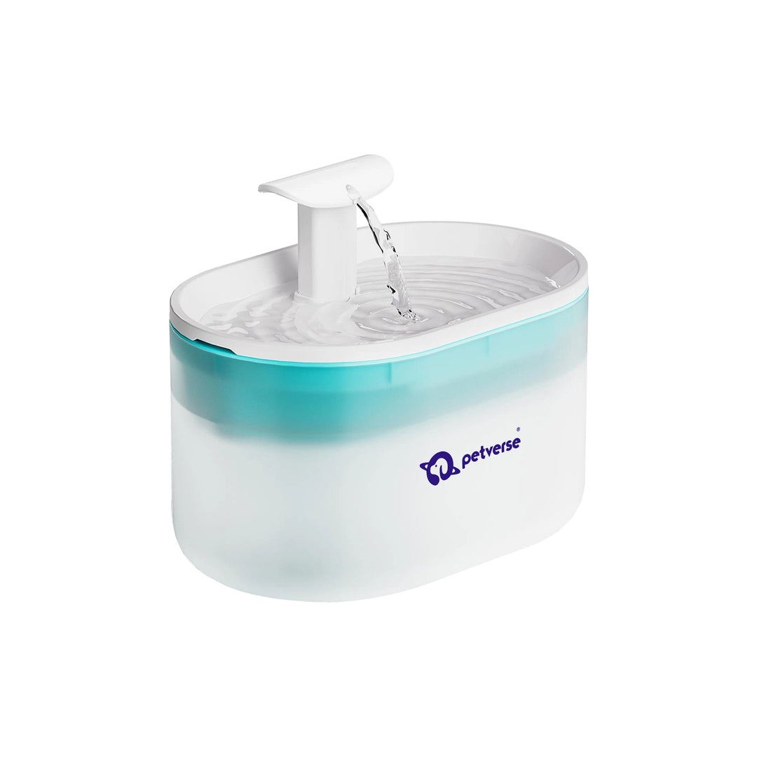 White and teal automatic pet water fountain with flowing spout on plain white background