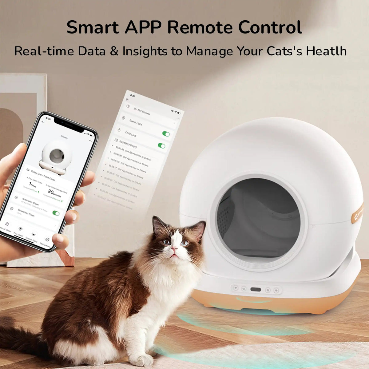 Automatic cat litter box highlighting smart app remote control features.