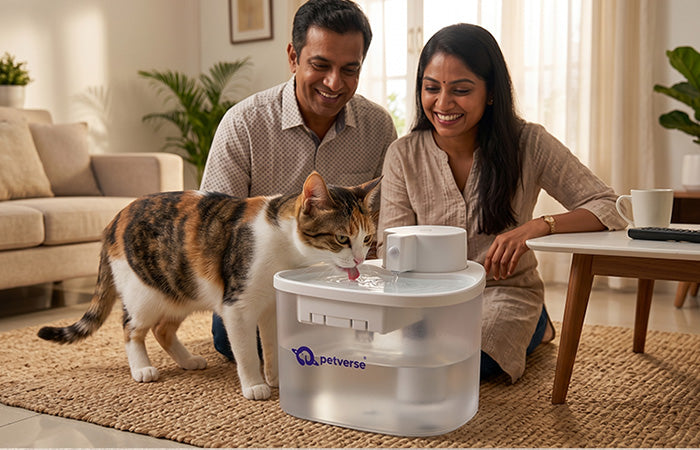 Couple with a cat interacting with a pet water fountain in a living room.