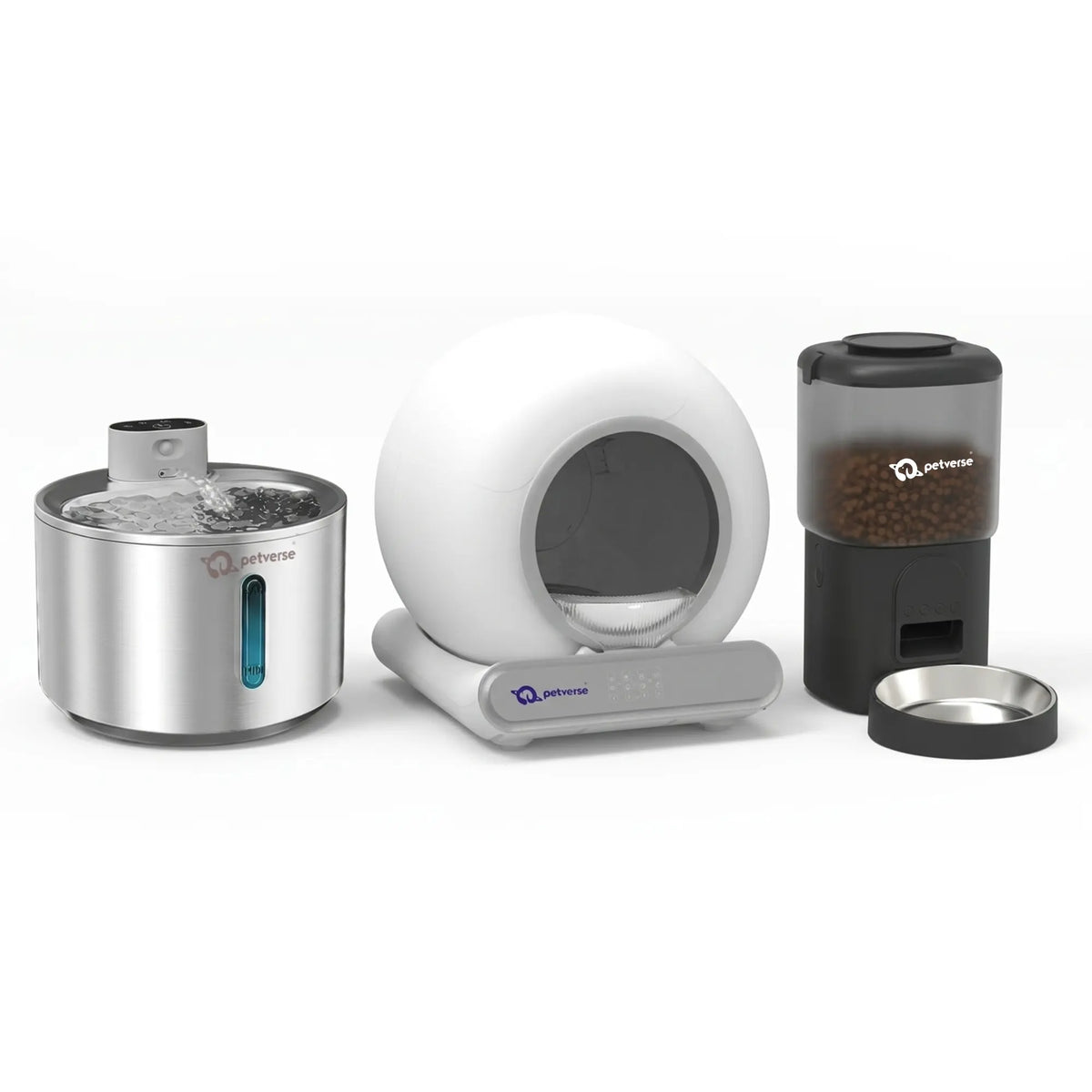 Cat Care Bundle - 4L Stainless Steel Fountain, Automatic Litter Box Pro & Automatic Feeder