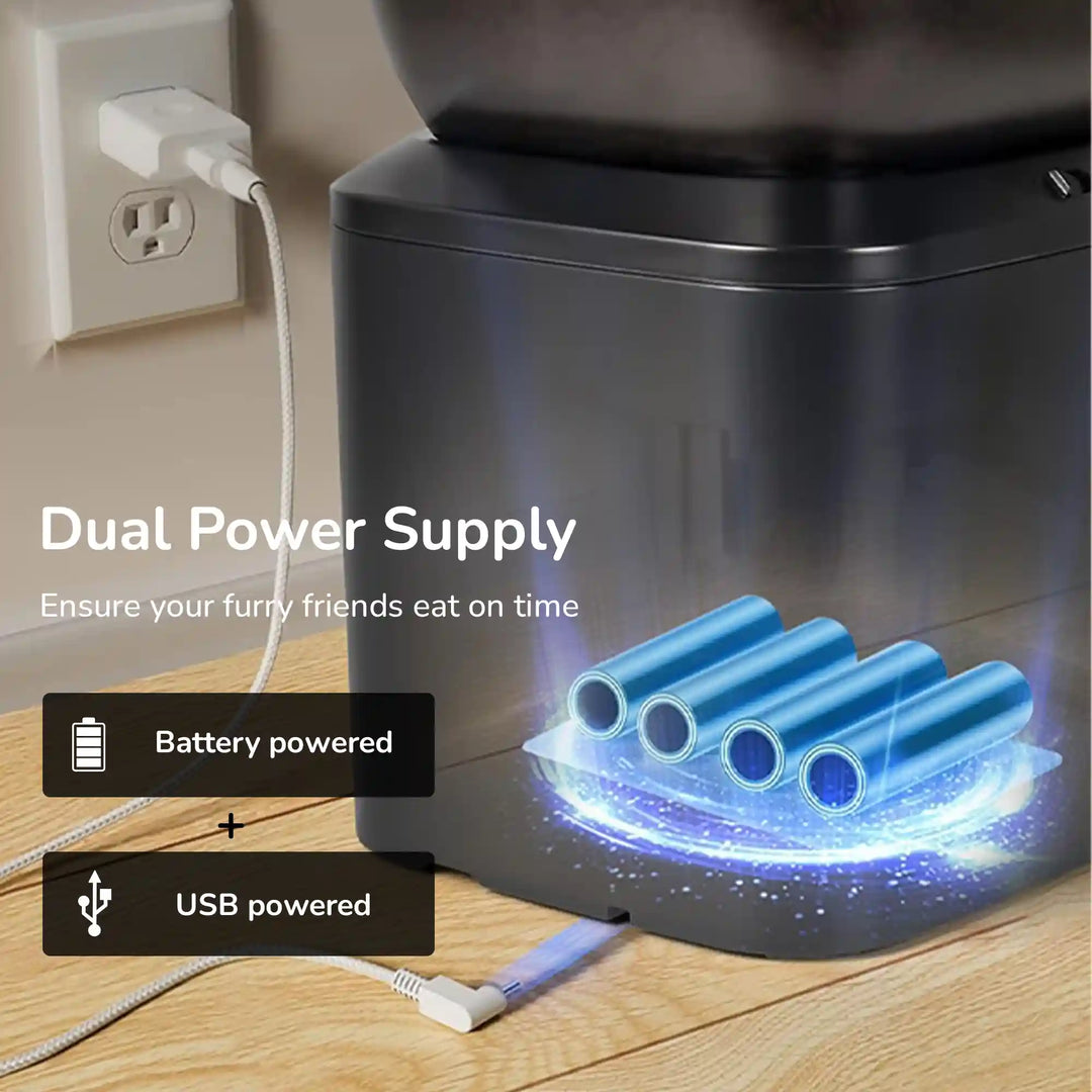 Close‑up of an automatic pet feeder’s power options showing USB plug and battery icons