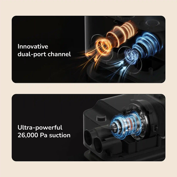 Dual‑port channel and ultra‑powerful 26,000 Pa suction motor components with glowing airflow visuals.