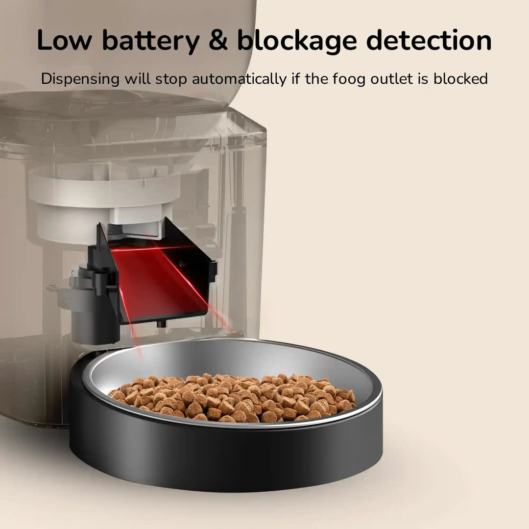 Automatic pet feeder close‑up showing kibble in bowl with low battery & blockage detection.
