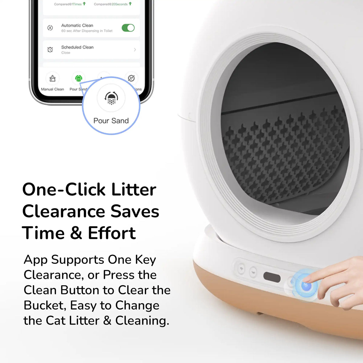 Close‑up of a white automatic cat litter box with a smartphone screen showing the “One‑Click Litter Clearance” app control and a hand pressing a button on the device.