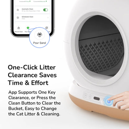 Close‑up of a white automatic cat litter box with a smartphone screen showing the “One‑Click Litter Clearance” app control and a hand pressing a button on the device.