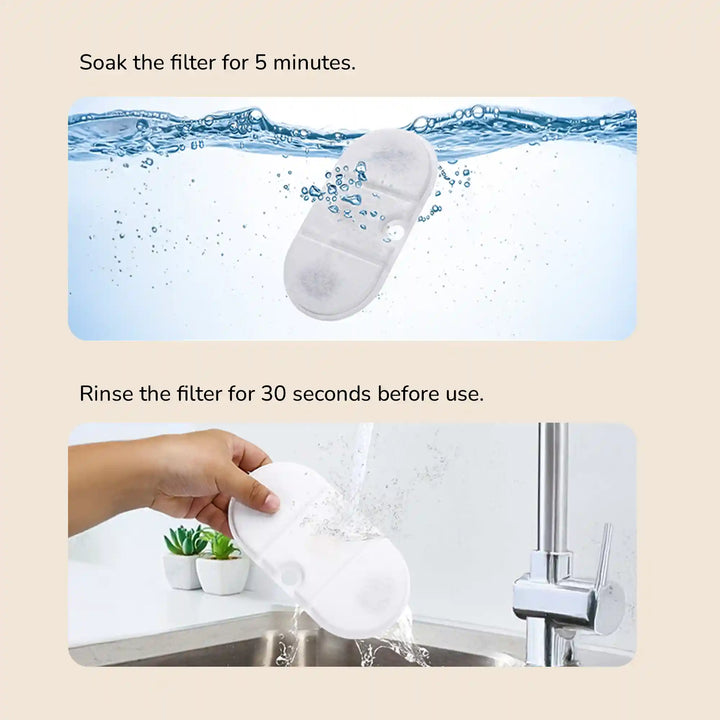 Soak and rinse white pet fountain filter under water 