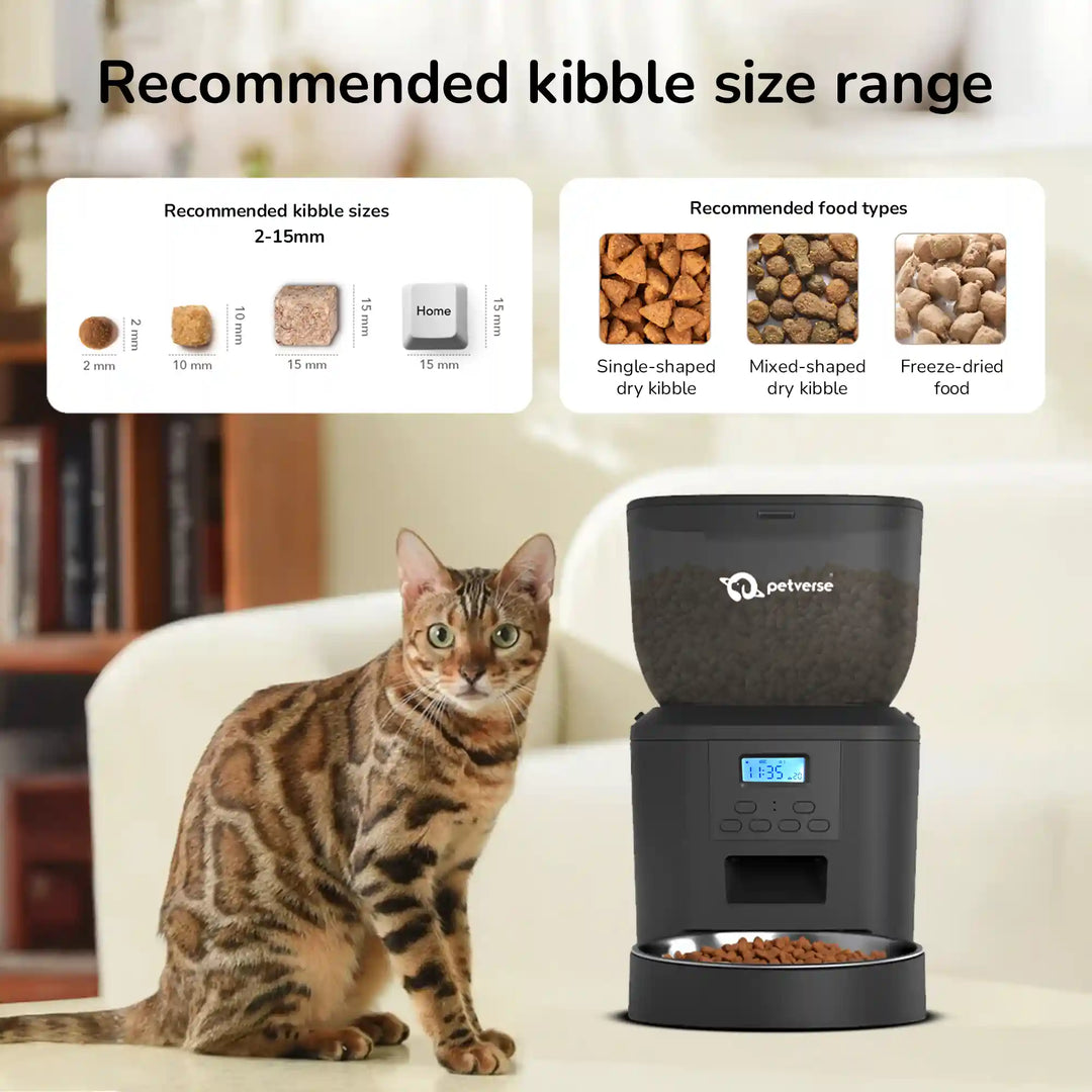 cat next to a black automatic pet feeder with recommended kibble size and food type info.