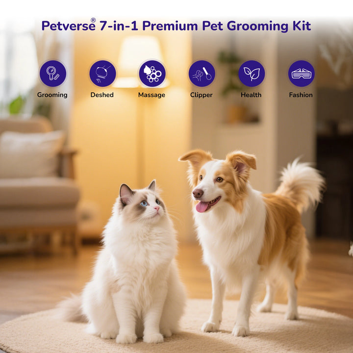Happy dog and fluffy cat indoors with “Petverse 7‑in‑1 Premium Pet Grooming Kit” banner and grooming icons on warm living room background