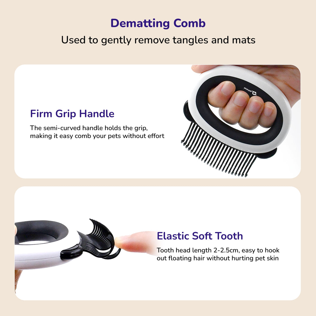 Hand holding a dematting comb tool removing pet fur tangles