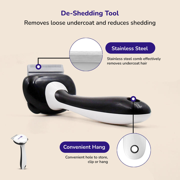 Black and white pet de‑shedding grooming tool with stainless steel comb