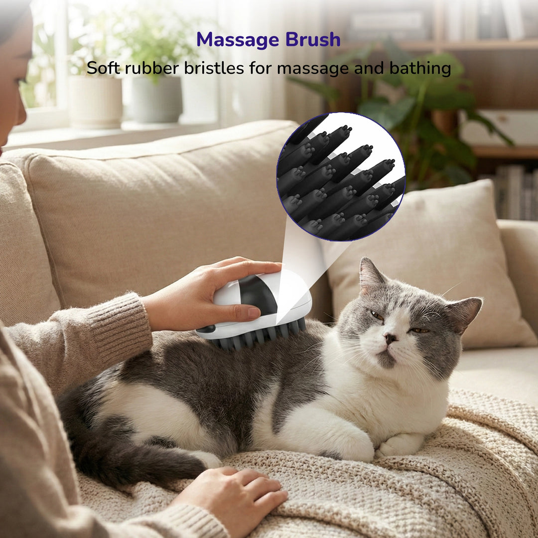 Person using a rubber‑bristled pet massage brush on a relaxed grey and white cat