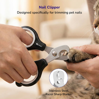 Hand trimming a cat’s nails with black pet nail clippers