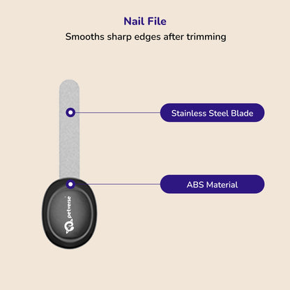 Pet nail file from 7‑in‑1 grooming kit showing stainless steel and ABS material