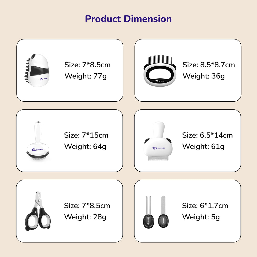 Image showing sizes and weights of each pet grooming tool in the 7‑in‑1 kit