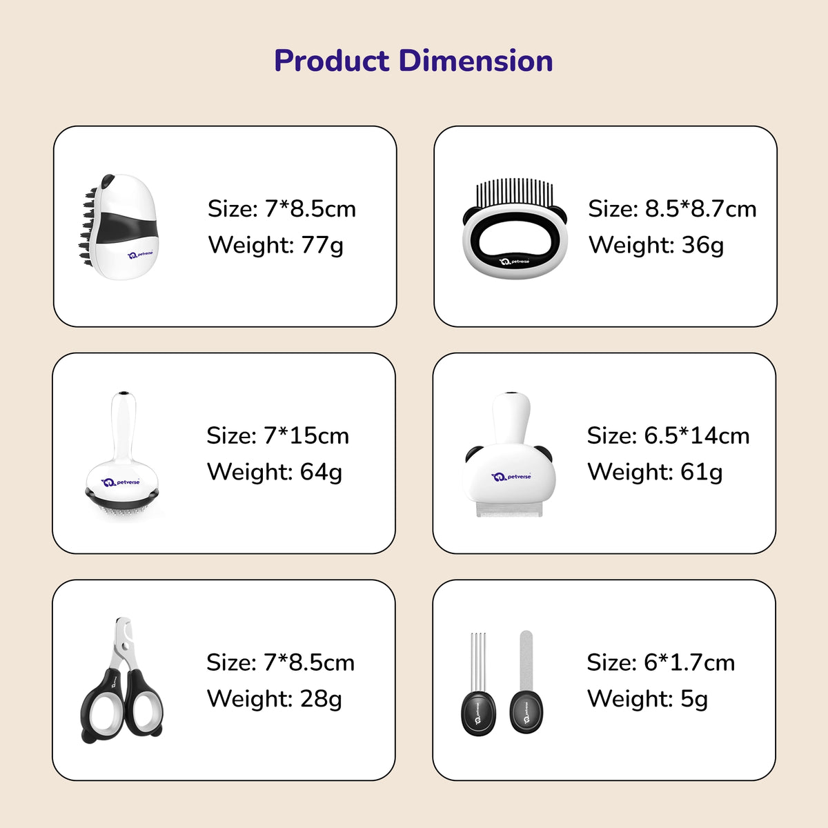 Image showing sizes and weights of each pet grooming tool in the 7‑in‑1 kit
