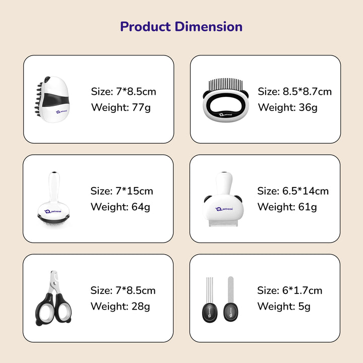 Image showing sizes and weights of each pet grooming tool in the 7‑in‑1 kit