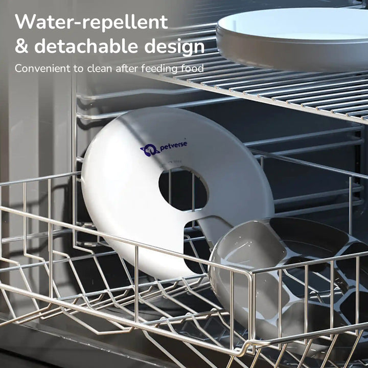 water‑repellent detachable pet feeder part and bowl inside a dishwasher rack