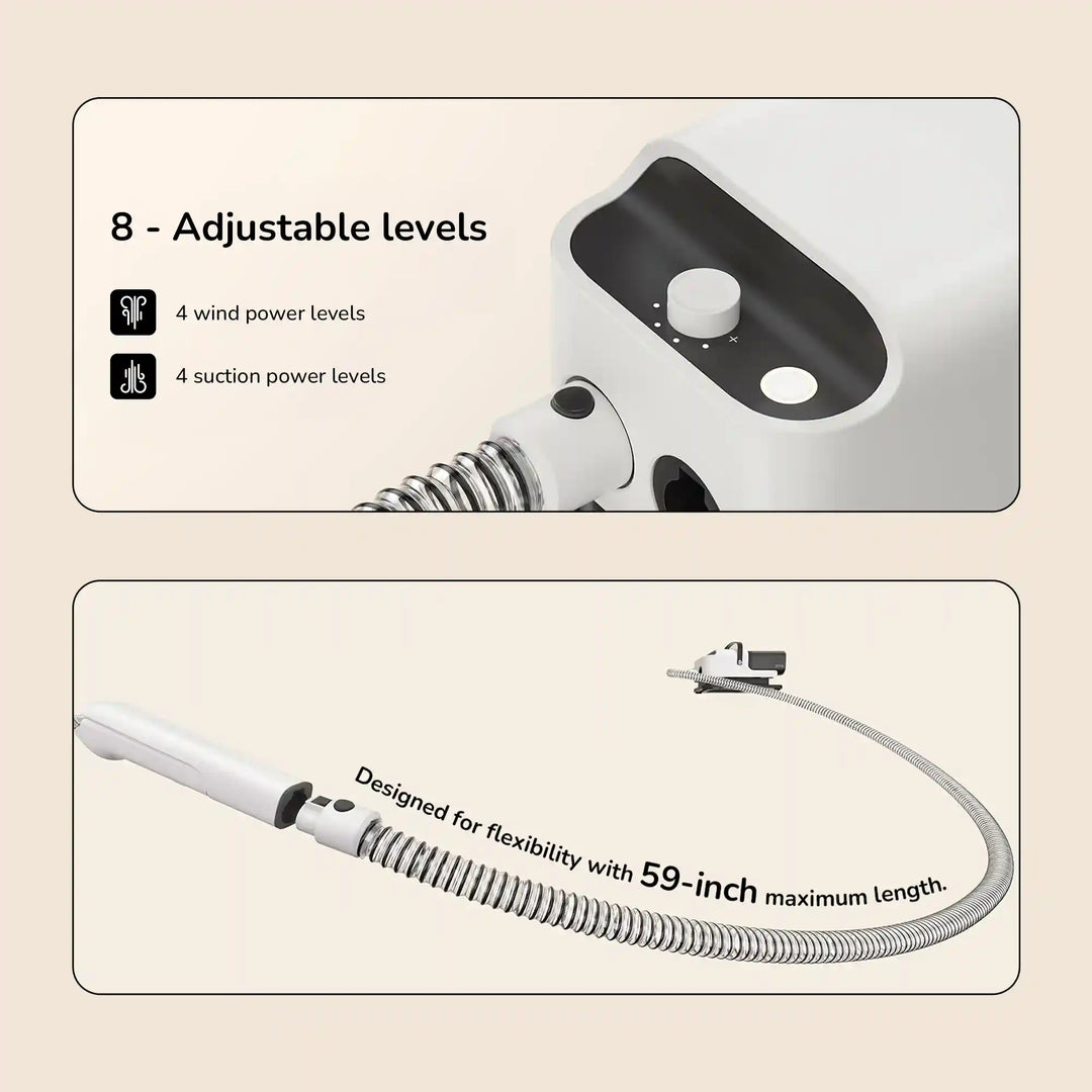 Device control panel with “4 wind power” and “4 suction power” adjustable levels and a flexible 59‑inch hose attachment.