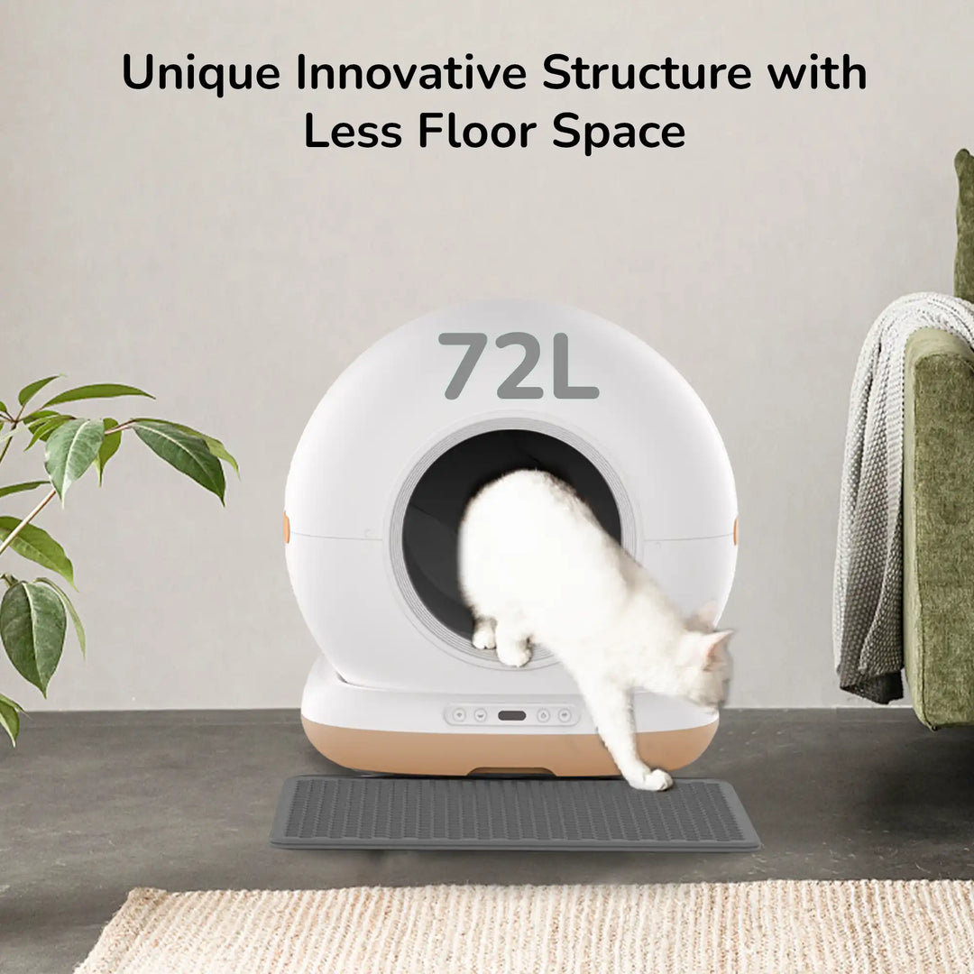 A white cat stepping out of a round automatic litter box with “72 L” text and “unique innovative structure”