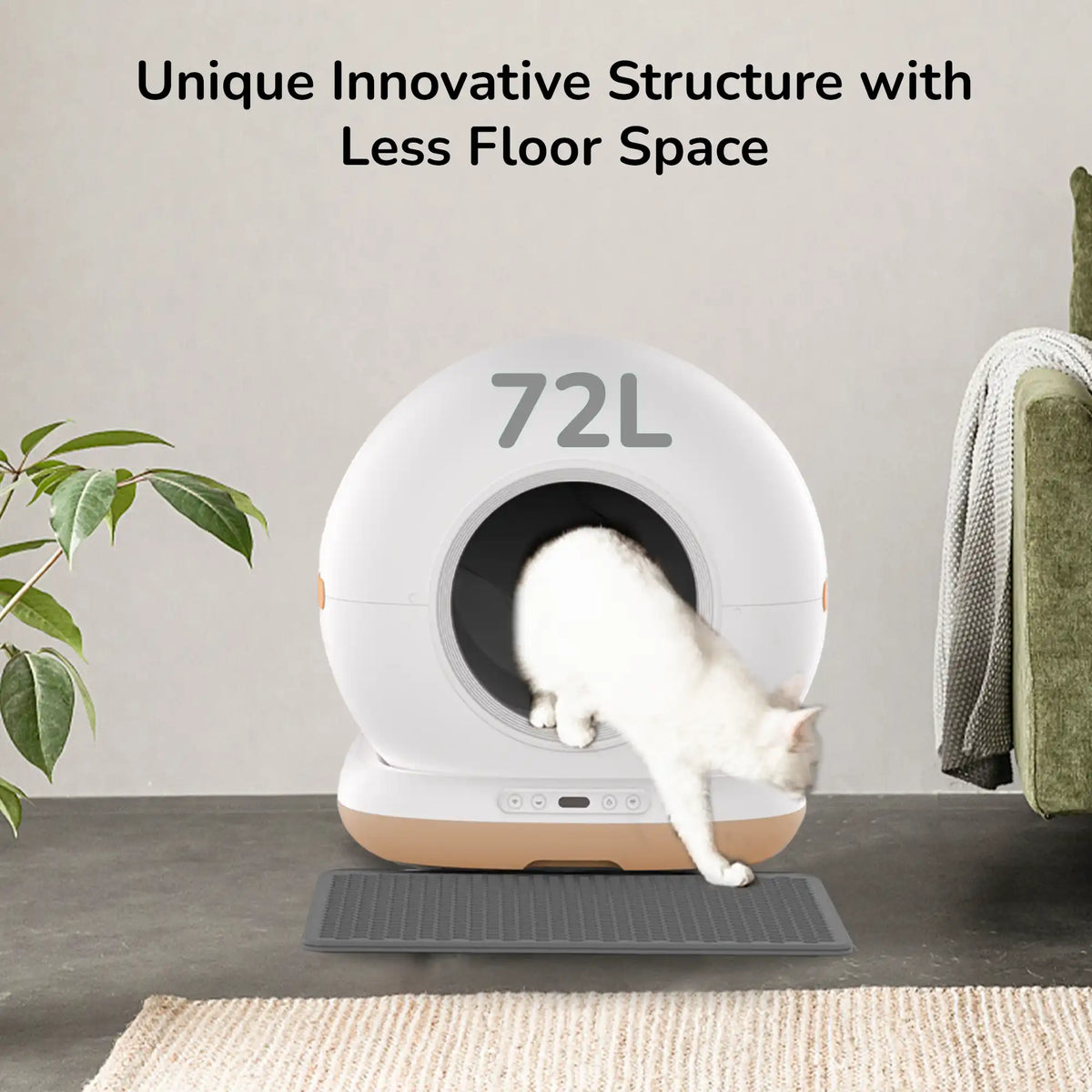 A white cat stepping out of a round automatic litter box with “72 L” text and “unique innovative structure”