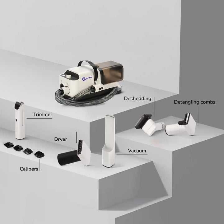 Pet grooming vacuum kit with main unit and labeled attachments