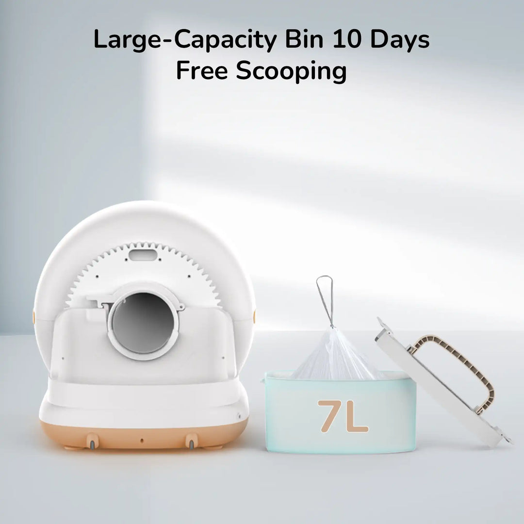 A white automatic litter box with removed parts and a 7 L bin, captioned “Large‑Capacity Bin 10 Days Free Scooping.”