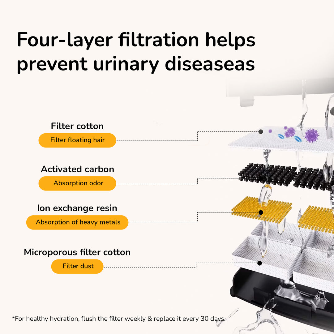 Wireless Pet Water Fountain for Cats with 4 Layer filtration.