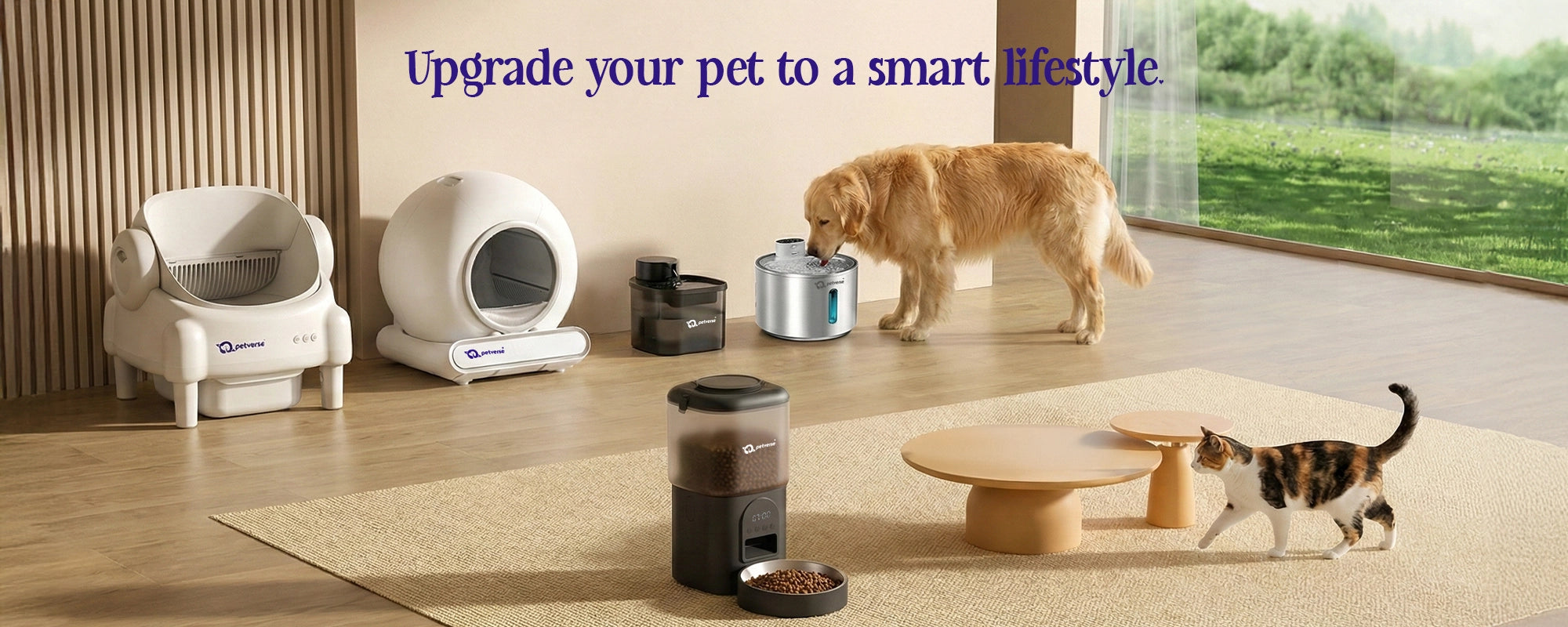 Variety of pet products with cheerful pets and promotional visuals 