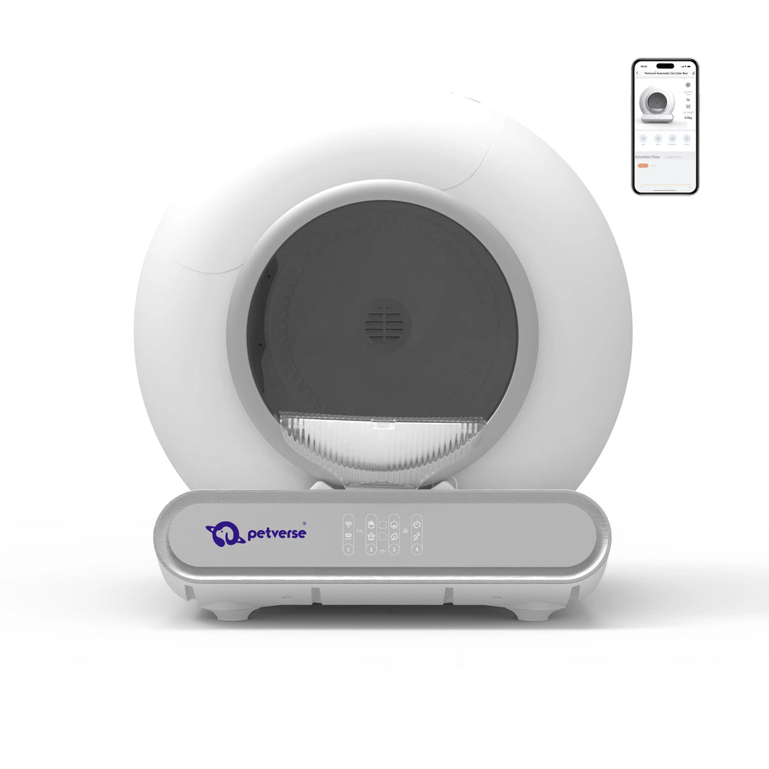 Automatic self-cleaning cat litter box with a front view and mobile app display in background