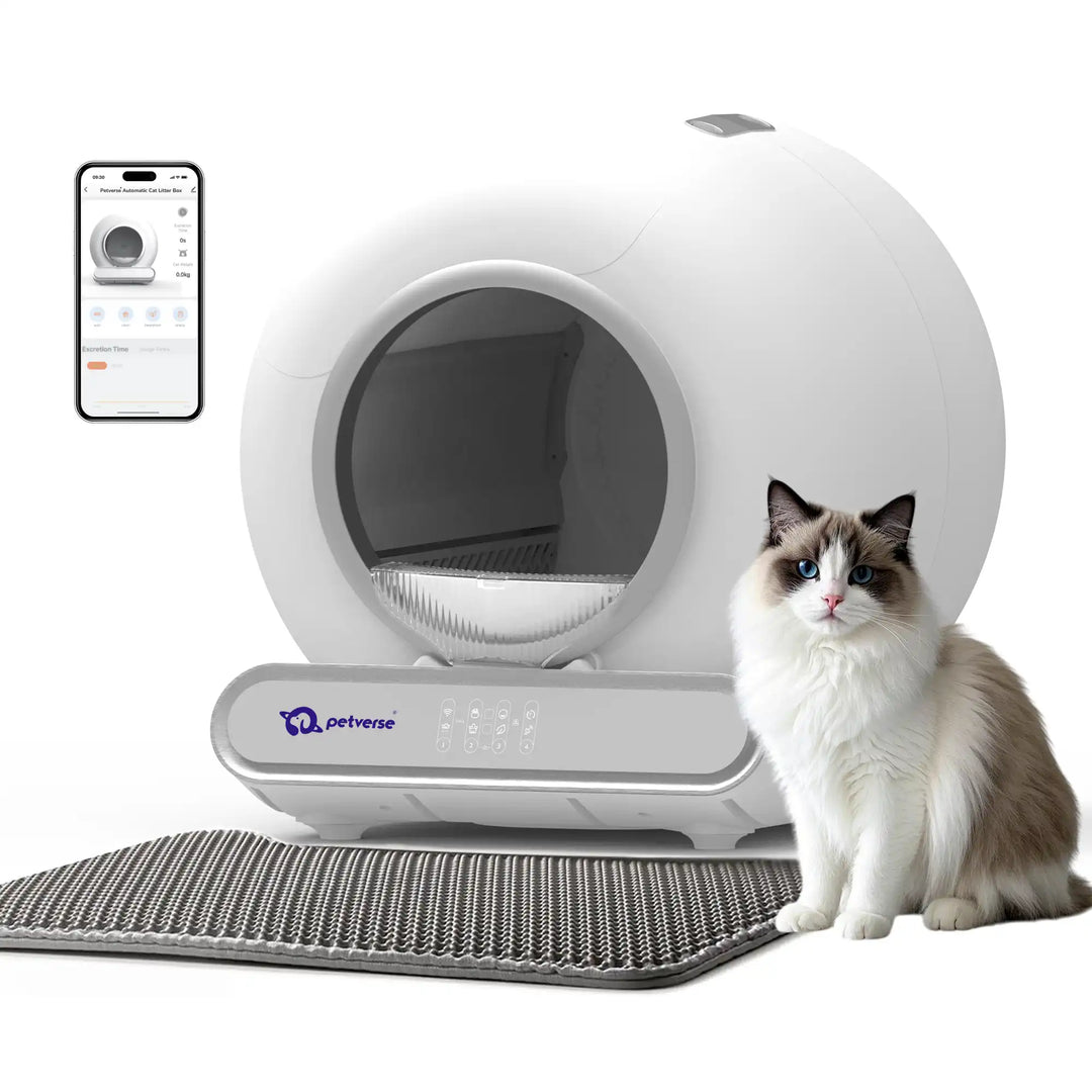 Automatic self‑cleaning cat litter box with a round entrance, interior litter tray, and a smartphone app