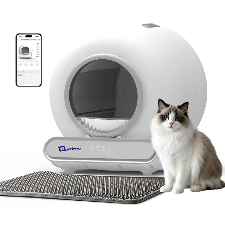 Automatic self‑cleaning cat litter box with a round entrance, interior litter tray, and a smartphone app