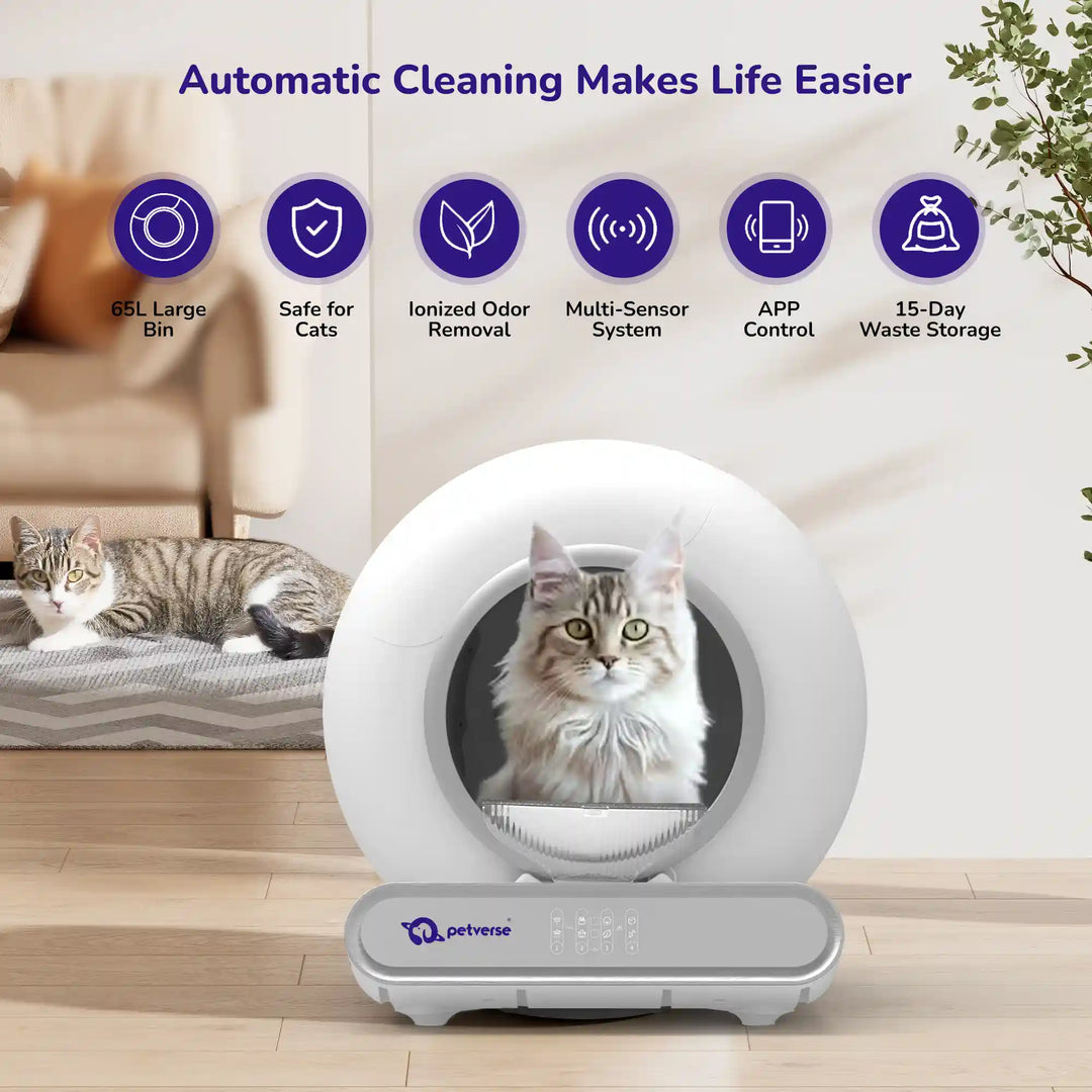 Cat sitting inside a circular automatic cat litter box with icons above for 65 L bin, cat safety, ionized odor removal, multi‑sensor system, app control, and 15‑day waste storage.
