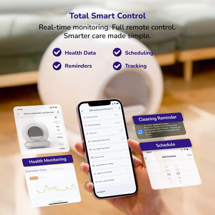 Automatic cat litter box with smartphone showing app controls for health monitoring, reminders, scheduling, and tracking.