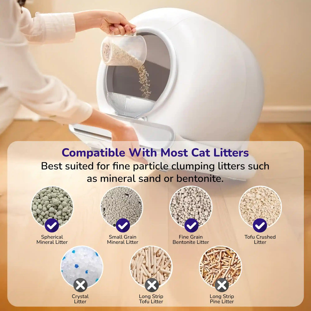 Hand pouring cat litter into a rounded automatic litter box with a graphic showing compatible litter types such as fine-grain bentonite and mineral litter.