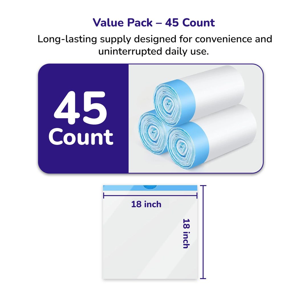 Automatic litter bag refill rolls are shown stacked with a simple label design and cleanup icons.