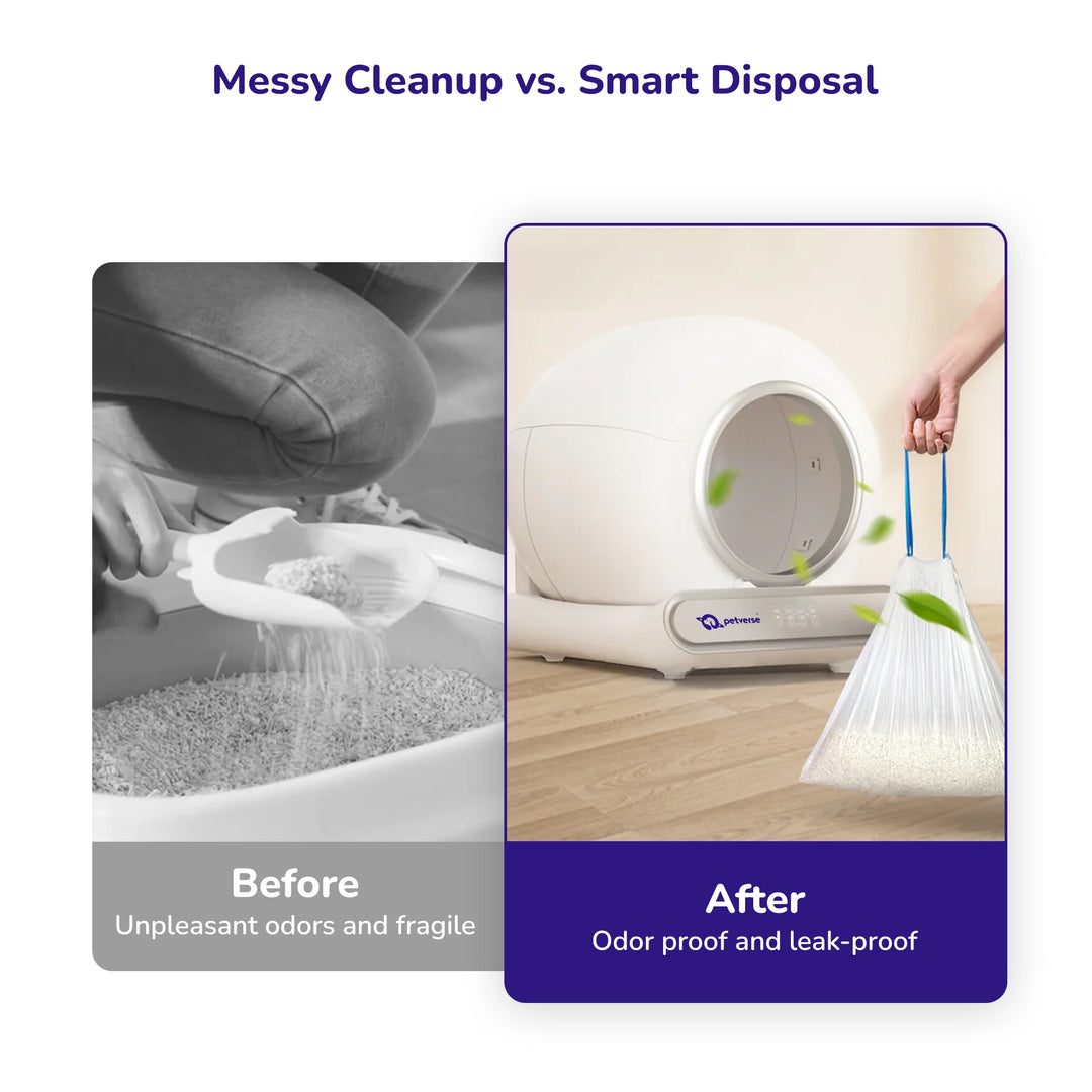 Stacked litter bag rolls with labels and pet waste icons.