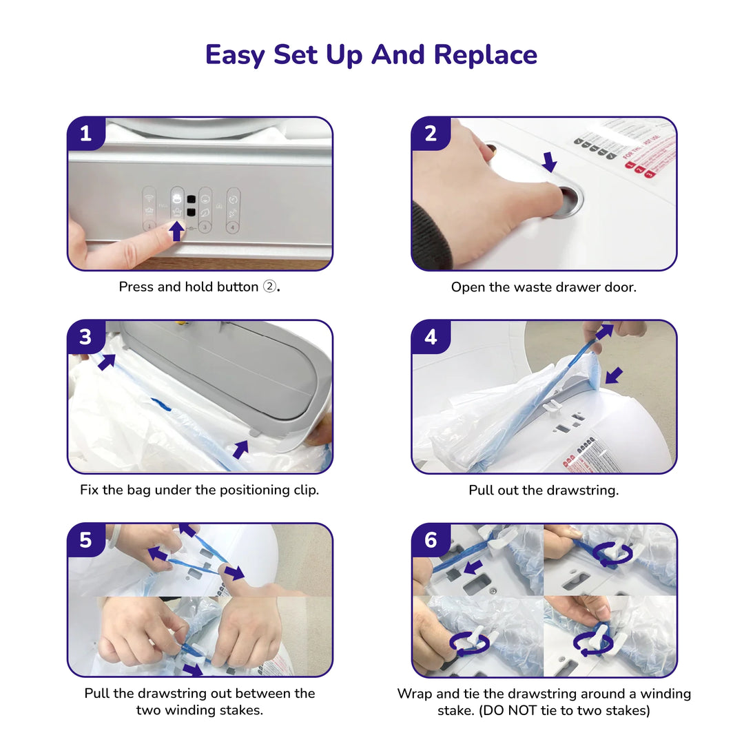 Automatic litter bag rolls displayed with packaging showing pet waste icons and stack arrangement.