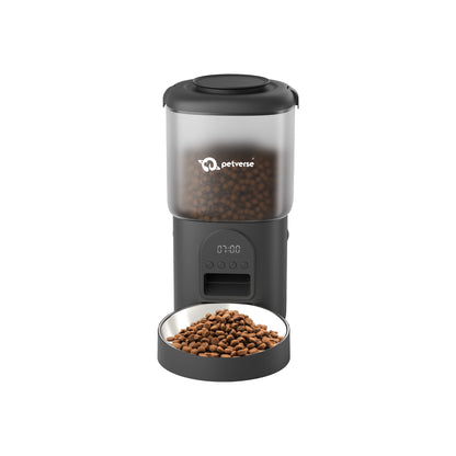 Petverse black automatic pet food dispenser with digital timer and bowl filled with kibble