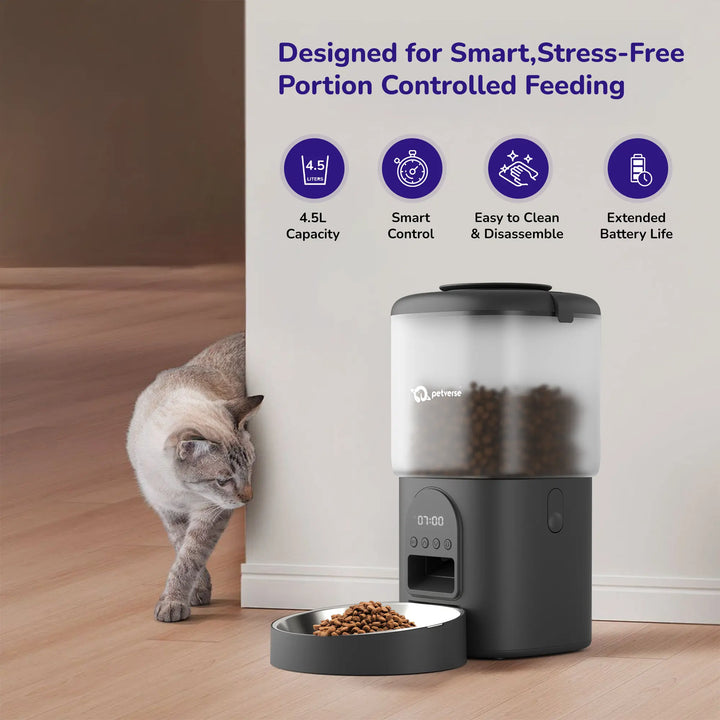 Automatic pet feeder designed for smart, stress-free portion controlled feeding to ensure healthy meal management.