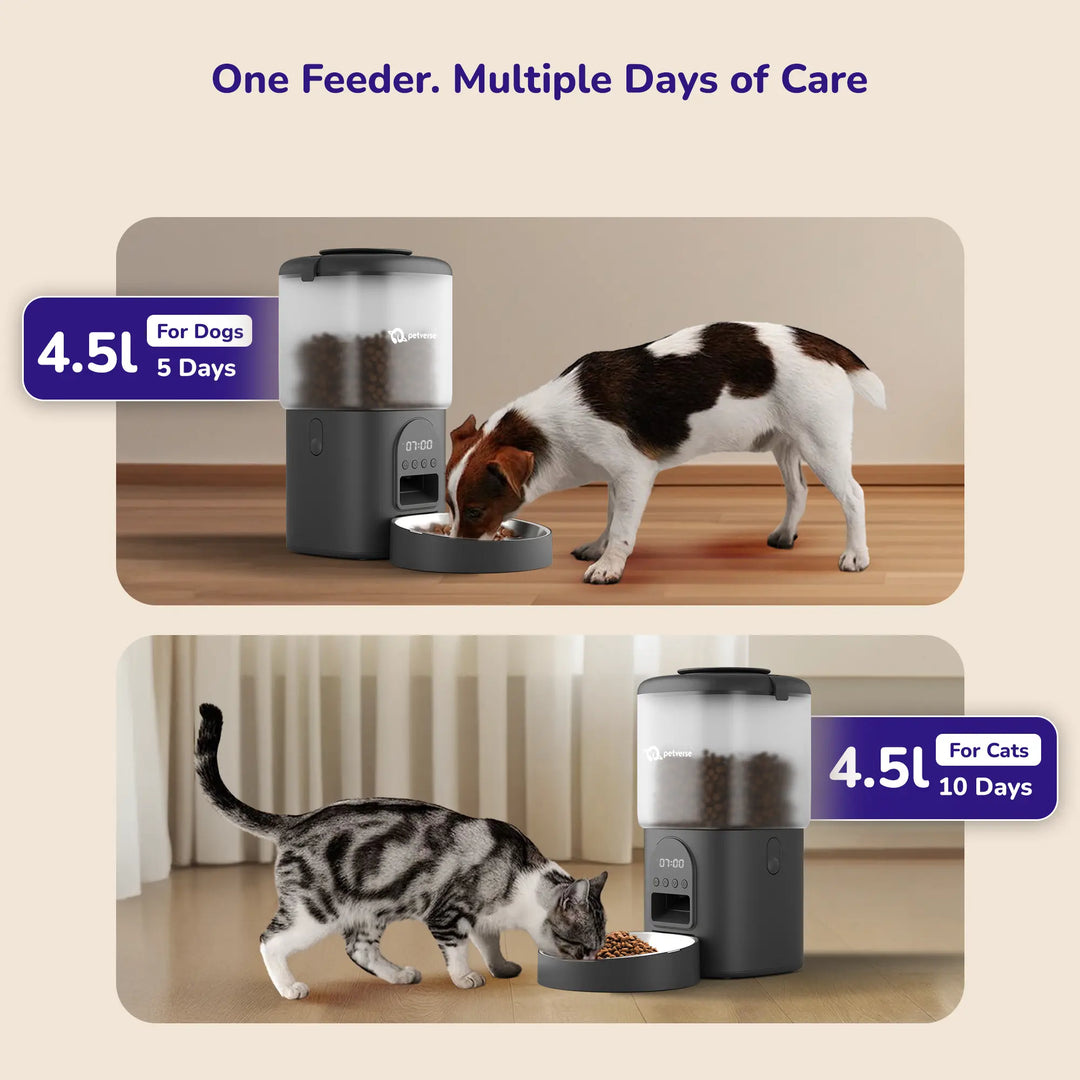 Digital LCD control panel on a white automatic pet feeder for setting meal schedules and portion sizes.